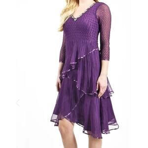 Komarov Dress V Neck Sleeveless Crinkle Purple A line Chiffon Layered Kn…